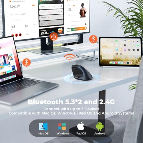 MEETION Wireless Ergonomic Vertical Mouse, Bluetooth & 2.4G, Large | Connects up to 3 devices with dual Bluetooth 5.3 and 2.4G, adjustable 1200-3200 DPI, designed for large hands, Windows/Mac/PC - color: Right Black Batt