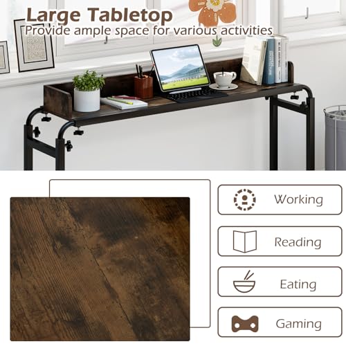 Tangkula Overbed Table with Wheels, Queen Size Mobile Bed Desk with Adjustable Height & Length, Rolling Computer Desk with Metal Frame, Laptop Cart for Bedroom, Living Room, Hospital (Rustic Brown)