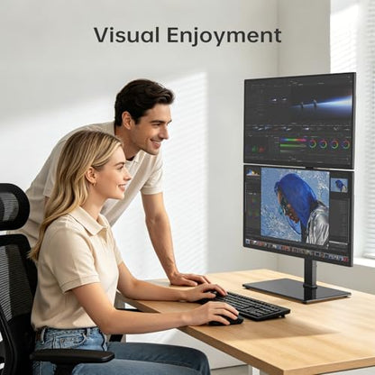 Vertical Dual Monitor Stand for 13-32 Inch Monitors, No Clamp, Freestanding | Supports 44 lbs/Arm | Tempered Glass Base | ±25° Swivel | -5° to +10° Tilt | 8 Height Options | VESA 75×75/100×100 mm - size: Dual Monitor Stand
