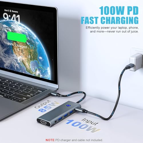 9-in-1 USB C Hub with 100W PD Charging, 4K HDMI, USB 3.0/2.0, SD/TF Card Reader, Audio Jack – Compact Adapter for MacBook, Windows, iPad, Linux & More