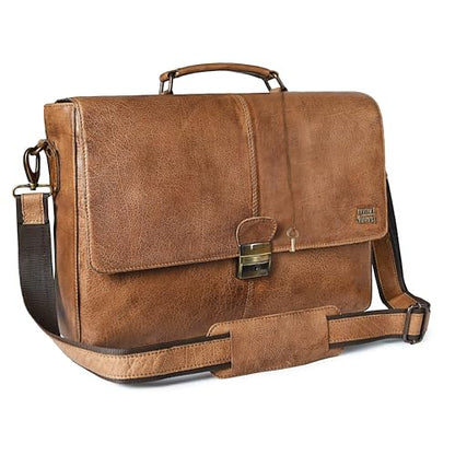 Leather Messenger Bag for Men & Women, 16'' Handmade Laptop Briefcase Satchel, Crossbody Shoulder Office Bag for Work, Travel - color: Cognac Brown