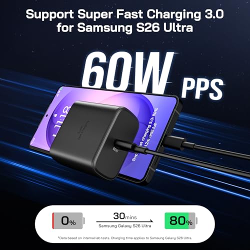 60W USB C Charger, 2Pack 60 Watt Super Fast Charger USB C Android Phone Charger Type C Fast Charging Block with 6.6FT Cable for Samsung Galaxy S26 Ultra/S26+/S25 Ultra/S24,Tab S9+/i Phone 17,Mac Book
