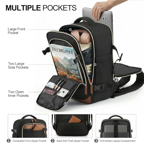 TILYMOL Travel Backpack for Women & Men - 15.6 inch Laptop Backpack Airplane Flight Approved, Large Carry On Anti-theft Bag for Travel Work Business Weekender - color: Black Brown