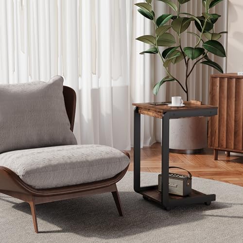 Rolling TV Tray Table with Storage,C Table with Drawer for Couch | Rolling Side Table with Storage，TV Tray Table on wheels with Tiltable Desktop for Couch，Sofa Laptop，Living Room，Bedroom