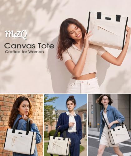 MeZQ Canvas Tote Bag for Women,14-Pockets Work Laptop Tote Large Office Crossbody | Teacher Nurse College with Strap & Zipper - color: White