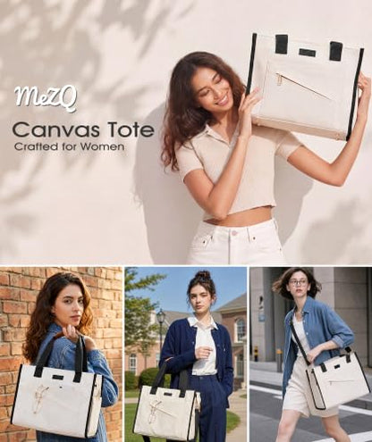 MeZQ Canvas Tote Bag for Women,14-Pockets Work Laptop Tote Large Office Crossbody | Teacher Nurse College with Strap & Zipper - color: White