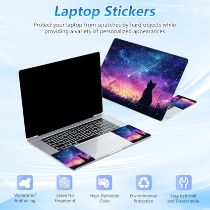 Universal Laptop Skin Sticker Decal with 2 Wrist Pad Skins, Waterproof Scratch Vinyl Cover for 11–15.6 Inch MacBook, HP, Dell, Lenovo, Cutable & Reusable,Galaxy Meteor Cat Art - color: Galaxy Meteor Cat Art
