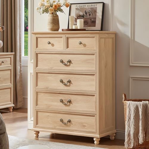 Joaxswe Farmhouse 6 Drawer Dresser for Bedroom, 42" Tall Rustic Chests of Drawers w/ 4 Solid Wood Feet, Mid Century Modern Wooden Closet Storage Dressers Organizer for Living Room, Hallway,Natural - color: Natural, size: 15.7"D x 31.5"W x 42.3"H (6 Drawer