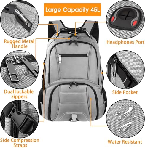 LTINVECK Travel Laptop Backpack,Extra Large Backpack for Men,Big 17 Inch Computer bag Tech Backpack - color: Full Grey