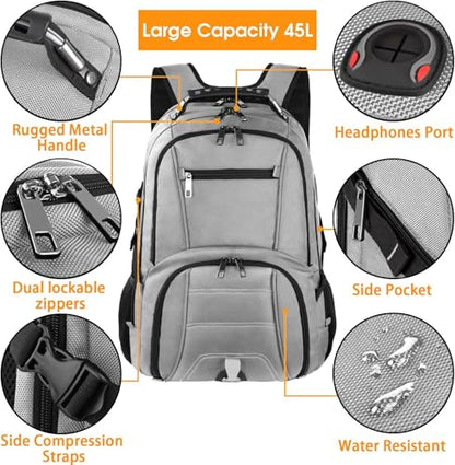 LTINVECK Travel Laptop Backpack,Extra Large Backpack for Men,Big 17 Inch Computer bag Tech Backpack - color: Full Grey