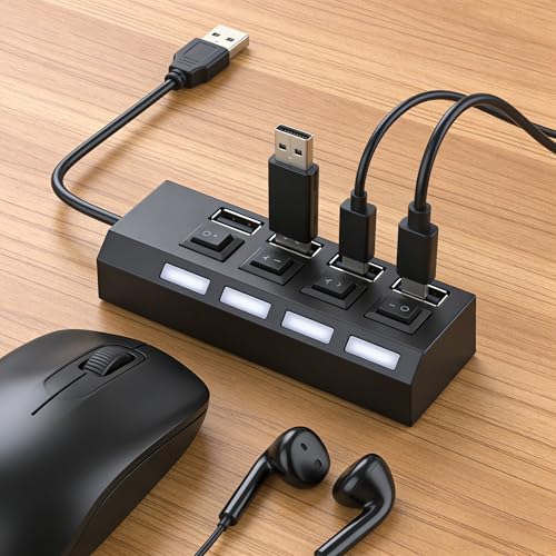 1Pcs 4-Port USB 2.0 Hub with Individual On/Off Switches, Portable USB Splitter Expander for PC Laptop Computer, Black