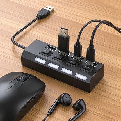 1Pcs 4-Port USB 2.0 Hub with Individual On/Off Switches, Portable USB Splitter Expander for PC Laptop Computer, Black