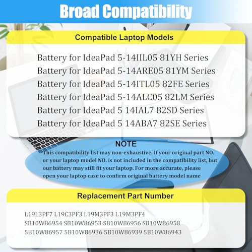 L19M3PF3 L19M3PF4 Battery Replacement for IdeaPad 5-14IIL05 5-14ARE05 5-14ITL05 5-14ALC05 5-14IAL7 5-14ABA7 Series Laptop Battery L19C3PF3 L19L3PF7 5B10W86936 5B10W86939 5B10W86957 44.5Wh