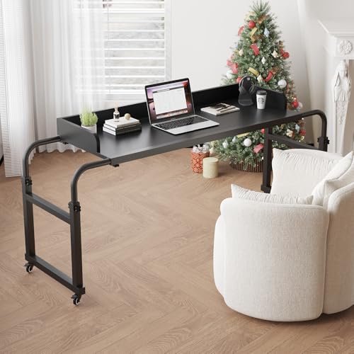 LINGMI Kids and Adult Desk, Overbed Table with Wheels, Bed Desk Recliner Table Adjustable Height Laptop Table, Queen King Size Over The Bed Table with Metal Leg(Black) - color: Black