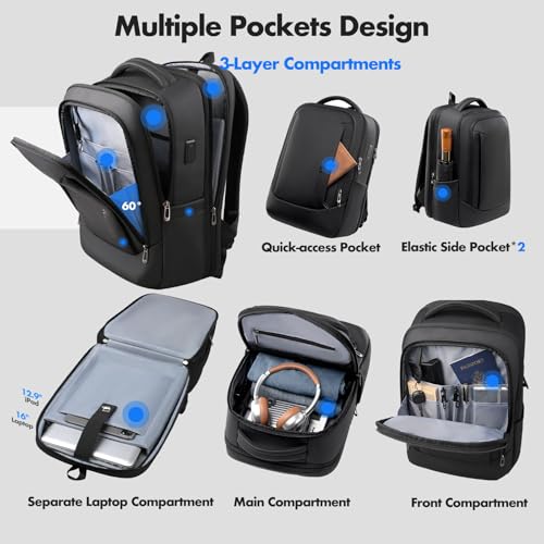 Expandable 16 Inch Laptop Backpack for Men | 40L Travel Backpack with USB-A&C Port, Flight Approved Carry On Backpack, 180° Laptop Compartment, Black