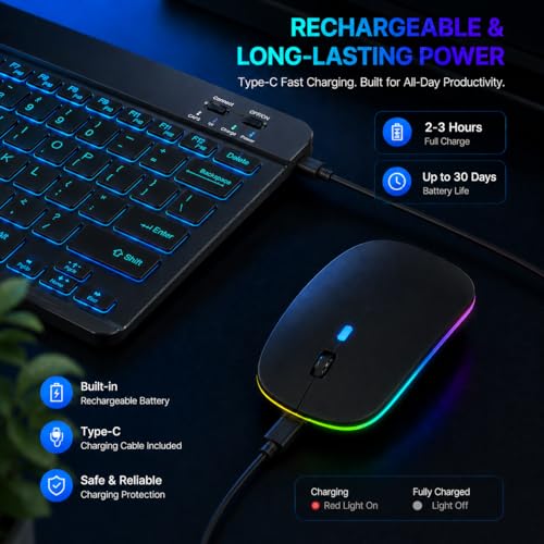 Rechargeable Bluetooth Keyboard Mouse Combo, 10 Inch Keyboard with Backlit, Silent Keys and Wireless Mouse for iPad, Tablet, Laptop and PC