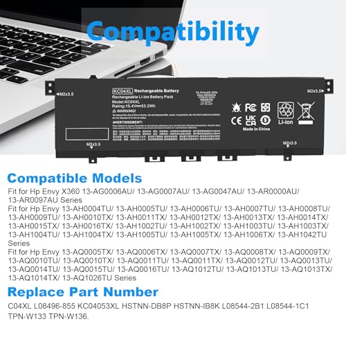 KC04XL Laptop Battery for HP Envy X360 13-AG 13z-AG 13m-AG 13-AR 13-AH 13-AQ 13M-AQ 13T-AQ L08496-855 L08544-1C1 L08544-2B1 HSTNN-DB8P HSTNN-IB8K L08496-855 L08544-1C1 L08544-2B1 TPN-W133 TPN-W136 - size: 11.3*3.5*0.2inch