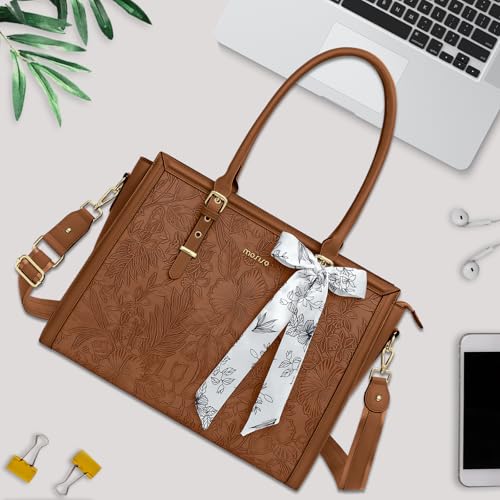 MOSISO Laptop Bag for Women, 15.6-16 inch PU Leather Tote Bag | Compatible with MacBook, HP,Dell,Asus, Front Embossed Retro Hibiscus Computer Bags with Silk Scarf&Clutch Purse, Brown - color: Brown, size: 16 inch