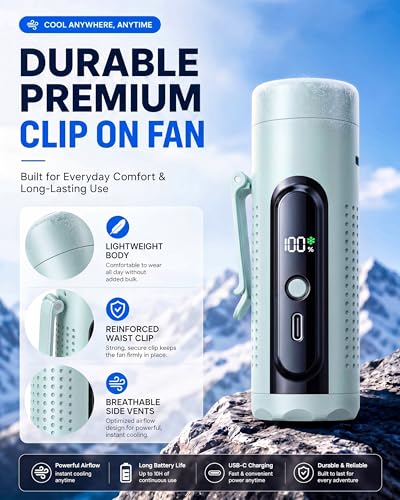 Mini Clip On Handheld Cooling Fan, 17000RPM 5 Speed Small Belt Fan with Ice Cooling Plate, Long Battery & LED Display, Portable Pocket Waist Fan for Travel Camping Hiking, Gifts for Men Women(Blue) - color: Light Blue