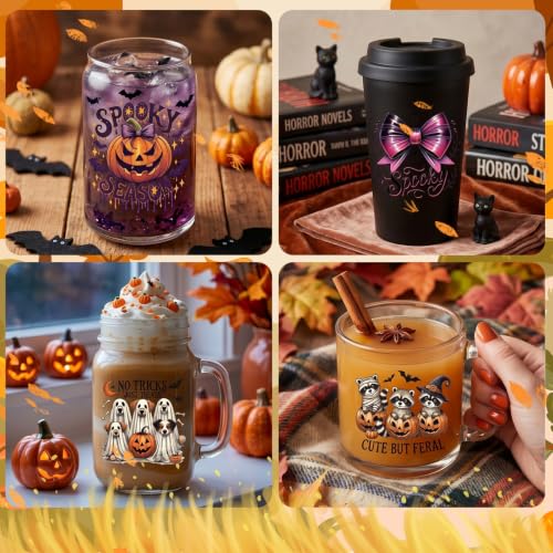 Rngmsi 20 Pcs Halloween UV DTF Cup Wrap Ghost UV DTF Stickers for 16 OZ | 3.1x3.1 Inch, Waterproof, Halloween Ghost Design, UVDTF Transfer Decals for Glasses Cups Mug DIY Crafts - style: Halloween