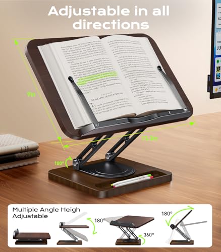 Book Stand for Reading, Adjustable Book Holder, 360° Rotating Bases with Pen Slot, Ergonomic Cookbook Stand Recipe Book Holder with Elastic Page Clips for Magazines, Tablets, Laptops - color: Brown