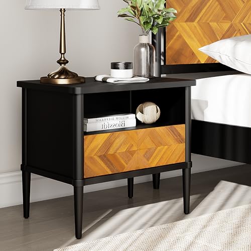 Lenia Set of 2 Solid Wood Nightstand with Drawer & Open Storage - Mid Century Modern Side Table, Bedroom or Living Room Night Stand, Sturdy & Stylish Storage Solution, Teak Brown Finish (Set of 2) - color: Teak Brown, size: Set 2 Nightstands