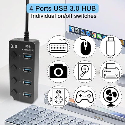 5FT 4-Port USB3.0 Expander Hub, USB 3.0 Fast Data Hub with Individual LED Power On/Off Switches, Portable USB Port Extender for PC, USB Flash Drives and More