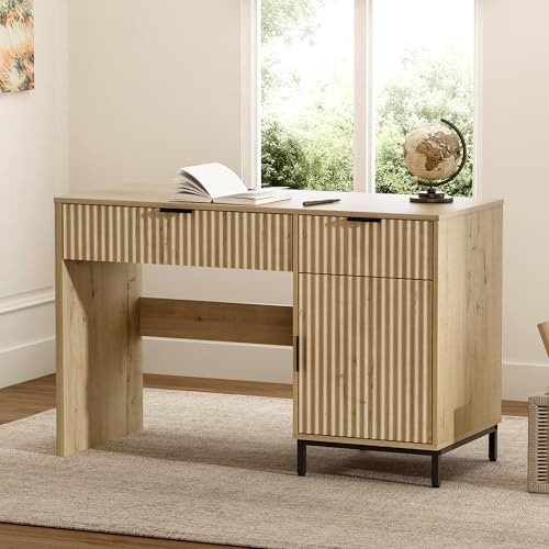 47" Fluted Executive Desk, Modern Wood Home Office Desk with Charging Station, Drawer & Cabinet, Computer Writing Desk for Work Study, Light Oak - color: Light Oak
