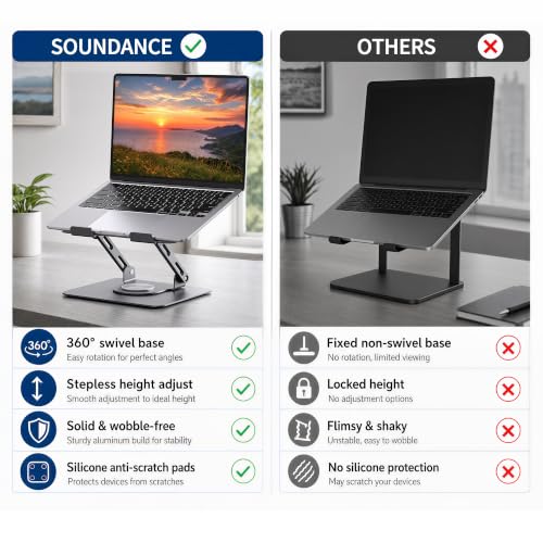 SOUNDANCE 360 Rotating Laptop Stand, Ergonomic Computer Riser for Desk, Adjustable Height Multi-Angle Metal Holder, Foldable Portable Notebook Elevating Base for Office & Home, Silver Grey - color: Silver Grey