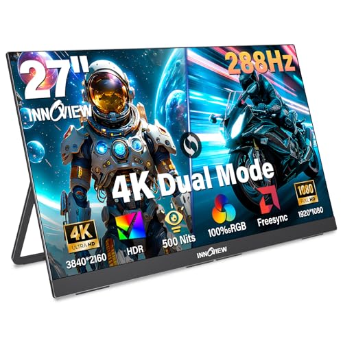 InnoView 27 Inch Monitor Dual Mode 4K UHD 120Hz/FHD 288Hz Portable Monitor for Laptop, USB-C, HDMI Computer Display HDR IPS Gaming Monitor, Kickstand, Speakers, for PC, MAC, Phone, PS4, Xbox, Switch