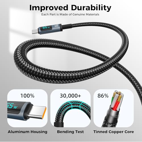 TANSEY USB C to USB C Cable, Type C 100watt Fast Charging Cable with Led Display 6Ft Length, Nylon Braid Cable for iPhone 16 Series, Samsung and More, 2 Pack, Blue