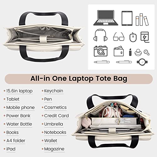 LOVEVOOK Laptop Tote for Women - 15.6 Inch Professional Leather Computer Briefcase - Waterproof Shoulder Bag - Large Capacity Business & Office Bag - color: Black/Beige-1, size: 15.6 Inch