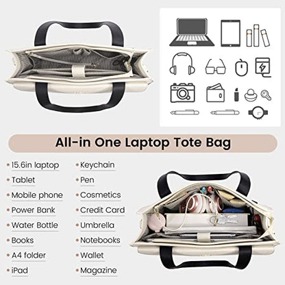 LOVEVOOK Laptop Tote for Women - 15.6 Inch Professional Leather Computer Briefcase - Waterproof Shoulder Bag - Large Capacity Business & Office Bag - color: Black/Beige-1, size: 15.6 Inch