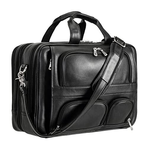 Polare Full Grain Cowhide Leather 17'' Laptop Large Briefcase for Men Business Messenger Bag Work Bag - color: Black