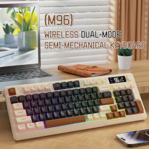LexonElec M96 Wireless Gaming Keyboard,Knob Control Bluetooth/2.4G Wireless Mechanical Feeling Keyboard,RGB LED Backlit with Display Screen, PBT Keycap, 3000mAh, 94-Key Layout for Win/Mac(Coffee) - color: Coffee