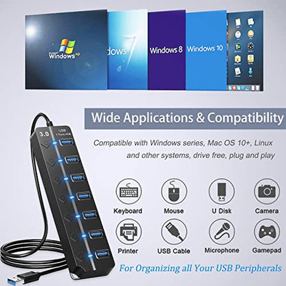 USB Hub 3.0, 7-Port USB Hub Splitter with Individual On/Off Switches and Lights Compatible with MacBook, Laptop, Surface Pro, PS4, PC, Flash Drive, Mobile HDD