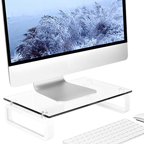 Hemudu Clear Computer Monitor Stand Riser Multi Media Desktop Stand for Flat Screen LCD LED TV, Laptop/Notebook, with Tempered Glass and Metal Legs, HD02T-001 - color: Clear