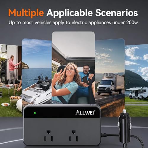 ALLWEI 200W Car Power Inverter 12V DC to 110V AC with USB C | Car Inverter with 4 USB Fast Charging Ports (2 USB-A & 2 USB-C), Powers Phones, Laptops and Small Devices for Road Trips