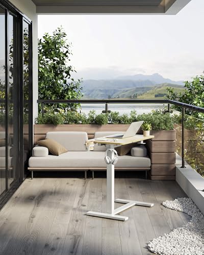 YIHAYO Adjustable Overbed Bedside Table with Wheels, 28 x 16 Inches Electric Mobile Standing Desk, Laptop Desk, Movable Overbed Tables Hospital Home Use, Natural - color: White Frame/Natural Top, size: 28*16 Inch
