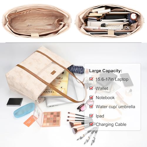 Laptop Bag for Women 17 Inch, Leather Laptop Tote Bag Waterproof Computer Bag Office Work Bag Business Briefcase with Compartment&Shoulder Straps (A3-Beige/Brown Flower, 17.3 inch) - color: A3-beige/Brown Flower