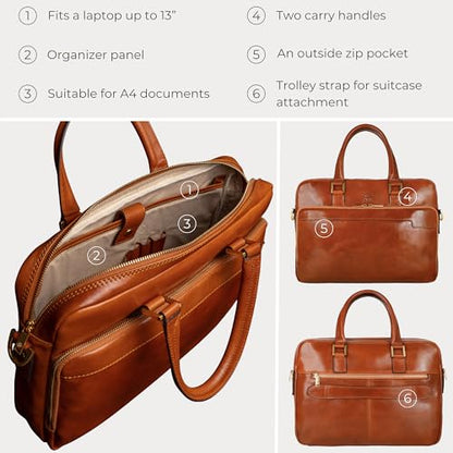 Time Resistance Leather Briefcase - Italian Handmade Leather Laptop Bag - Briefcase for Men and Women - Computer Bag - color: Cognac