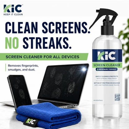 KIC> CrystalVu Screen Cleaner Spray Kit with Microfiber Cleaning Cloth – Streak-Free for TV, Phone, Laptop, Monitor & Tablet – NSF Certified Safe Formula – 1 Reusable Microfiber Towel - 16oz - size: 16 Fl Oz (Pack of 1)