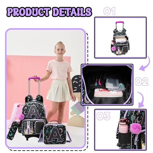 HTgroce Cute Rolling Backpack with Wheel,School Backpack for Kids Girl Roller Schoolbag Wheeled Backpacks Set Carry-on Luggage,Black A - color: Black, style: A