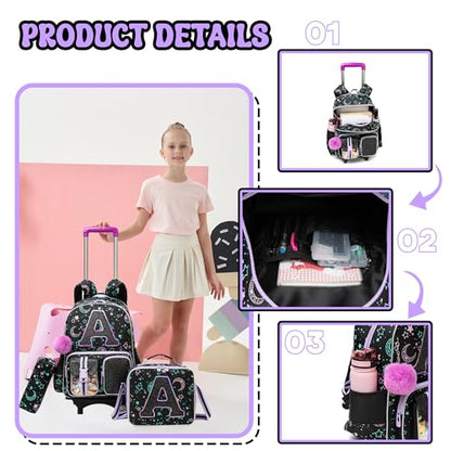 HTgroce Cute Rolling Backpack with Wheel,School Backpack for Kids Girl Roller Schoolbag Wheeled Backpacks Set Carry-on Luggage,Black A - color: Black, style: A