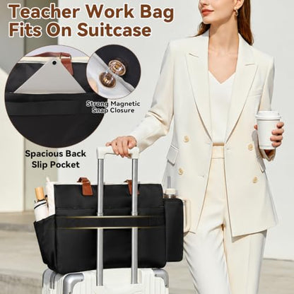Veirdro Teacher Laptop Tote Bag for Women with Large Leakproof Cup Holder, Waterproof Work Tote Bags with Padded 15.6 in Laptop Compartment, Quilted Nurse Bag with Carrying Purse for Office, Black