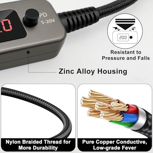 1m USB C to DC 5.5x2.1mm Adapter Universal Charger Supply 100W PD Trigger Power Converter Cable 5V/9V/12V/15V/20V Adjustable Voltage with LED Display,10 Power Plug Kit,for Laptops,Tablets