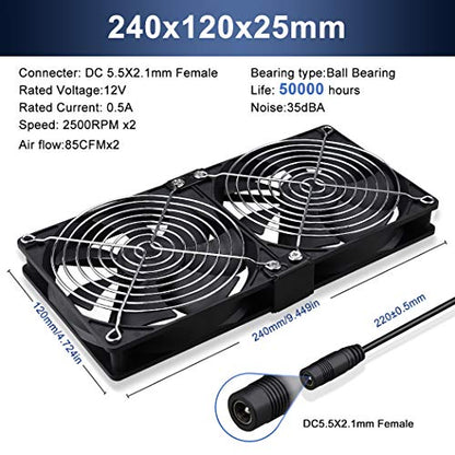 Wathai 2 x 120mm 240mm Computer Fan with AC Plug Cabinet Fan 110V 240V | Dual Ball Big Airflow 12V Cooling Fan with Variable Speed Control for External PC Case Cooling computer cabinet vent - style: 2x120mm fan