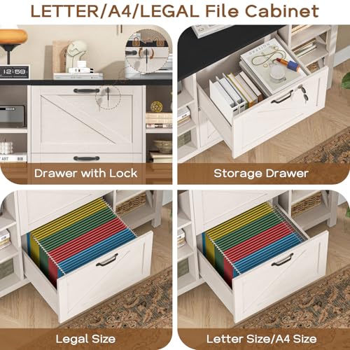 Halitaa 44" Farmhouse Lateral File Cabinet with 2 Drawers, White and Black | Filing Cabinet with Lock for Legal/A4/Letter, Wooden Printer Stand Office Furniture with Adjustable Shelves for Home Office - color: Simple White and Black