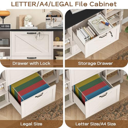 Halitaa 44" Farmhouse Lateral File Cabinet with 2 Drawers, White and Black | Filing Cabinet with Lock for Legal/A4/Letter, Wooden Printer Stand Office Furniture with Adjustable Shelves for Home Office - color: Simple White and Black