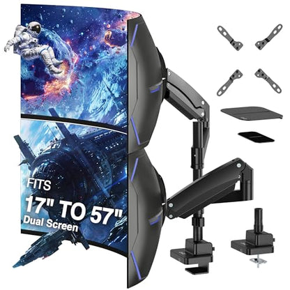AVLT Dual Monitor Arm 57" Pole Top Mount with USB-C & A – Black | Heavy-duty Stacking arm; Height Adjustable; Top C-clamp/Grommet w/ Reinforcement Plates; VESA 200/100/75mm. - color: Black